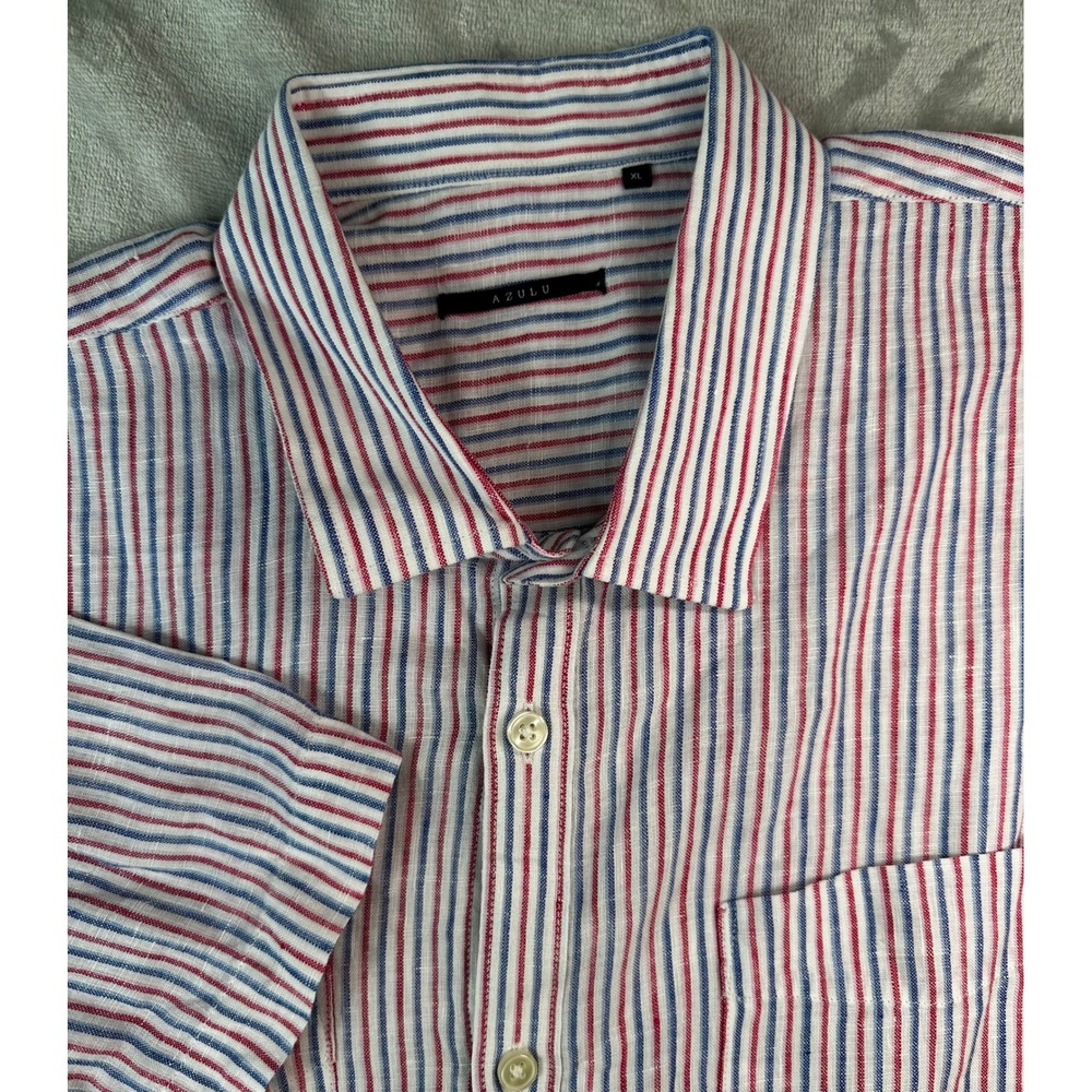Azulu Linen Shirt Mens XL Red White Blue Striped‎ Patriotic Short Sleeve USA